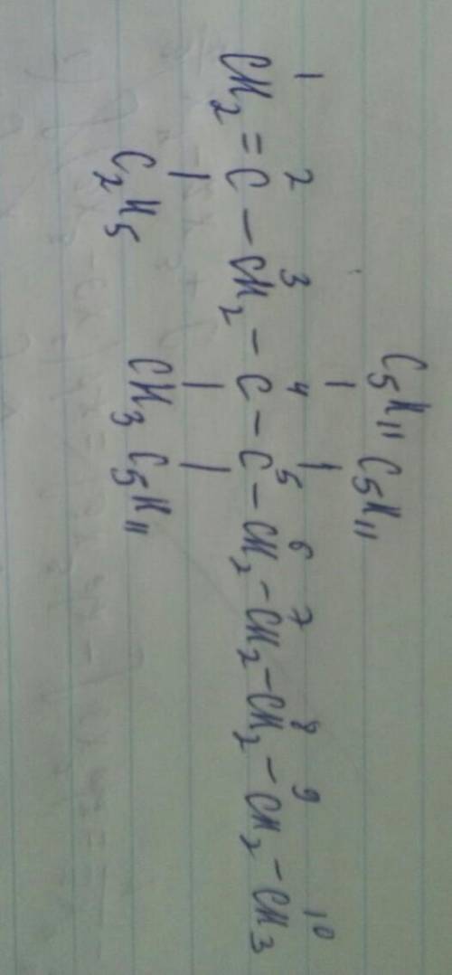  Написати формулу: 2-етил, 4-метил, 4,5,5-трипентил декен-1 