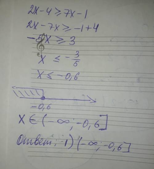  Решите неравенство 2х - 4 ≥ 7х – 1: Варианты ответов: 1) (-∞; -0,6] 2) (0,1; +∞) 3) [-0,6; +∞] 4) [