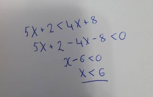 При каких значениях х значение выражения 5х + 2 меньше значения выражения 4х + 8? Варианты ответов: 