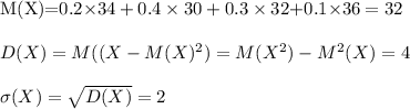 $ $M(X)=0.2\times34+0.4\times30+0.3\times32$+0.1\times 36=32\\\\D(X)=M((X-M(X)^2)=M(X^2)-M^2(X)=4\\\\\sigma(X)=\sqrt{D(X)}=2$$