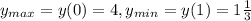 y_{max} = y(0) = 4, y_{min} = y(1) = 1\frac{1}{3}