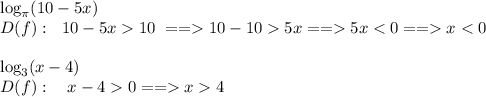 \log_\pi(10-5x)\\ D(f): \ \ 10-5x10\ ==10-105x==5x<0==x<0\\\\\log_3(x-4)\\D(f):\ \ \ x-40==x4
