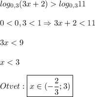 log_{0,3}(3x+2)log_{0,3}11\\\\0<0,3<1\Rightarrow 3x+2<11\\\\3x<9\\\\x<3\\\\Otvet:\boxed{x\in(-\frac{2}{3};3)}