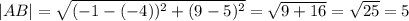 |AB|=\sqrt{(-1-(-4))^2+(9-5)^2} = \sqrt{9+16}=\sqrt{25}=5