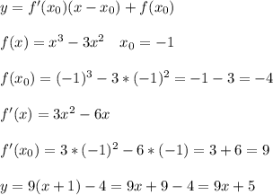 y=f'(x_0)(x-x_0)+f(x_0)\\\\f(x)=x^3-3x^2\ \ \ x_0=-1\\\\f(x_0)=(-1)^3-3*(-1)^2=-1-3=-4\\\\f'(x)=3x^2-6x\\\\f'(x_0)=3*(-1)^2-6*(-1)=3+6=9\\\\y=9(x+1)-4=9x+9-4=9x+5