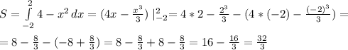 S=\int\limits^2_{-2} {4-x^2} \, dx=(4x-\frac{x^3}{3})\mid^2_{-2}=4*2-\frac{2^3}{3}-(4*(-2)-\frac{(-2)^3}{3})=\\\\ =8-\frac{8}{3}-(-8+\frac{8}{3})=8-\frac{8}{3}+8-\frac{8}{3}=16-\frac{16}{3}= \frac{32}{3}