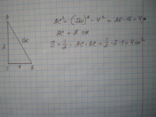 Найди площадь прямоугольного треугольника, если его гипотенуза равна корень из 20, а один из катетов
