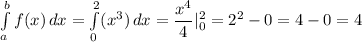 \int\limits^b_a f(x)\, dx=\int\limits^2_0 (x^3)\, dx =\dfrac{x^4}{4}|^2_0=2^2-0=4-0=4