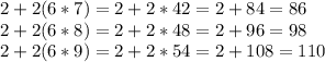 2+2(6*7)= 2+2*42=2+84=86\\2+2(6*8)= 2+2*48=2+96=98\\2+2(6*9)=2+2*54=2+108=110