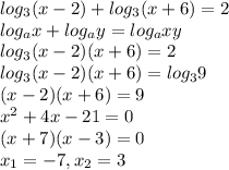 log_{3} (x-2)+log_{3} (x+6)=2\\log_{a} x+log_{a} y=log_{a} xy\\log_{3} (x-2)(x+6)=2\\log_{3}(x-2)(x+6)=log_{3}9\\(x-2)(x+6)=9\\x^{2} +4x-21=0\\(x+7)(x-3)=0\\x_{1} =-7, x_{2} =3