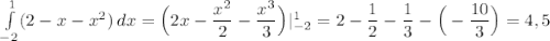 \int\limits^1_{-2} (2-x-x^2) \, dx = \Big(2x-\dfrac{x^2}{2}-\dfrac{x^3}{3}\Big)|^1_{-2}=2-\dfrac{1}{2}-\dfrac{1}{3}-\Big(-\dfrac{10}{3}\Big)=4,5