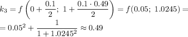 k_3=f\left(0+\dfrac{0.1}{2} ;\ 1+\dfrac{0.1\cdot0.49}{2}\right)=f(0.05;\ 1.0245)=\\=0.05^2+\dfrac{1}{1+1.0245^2}\approx0.49