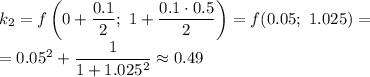 k_2=f\left(0+\dfrac{0.1}{2} ;\ 1+\dfrac{0.1\cdot0.5}{2}\right)=f(0.05;\ 1.025)=\\=0.05^2+\dfrac{1}{1+1.025^2}\approx0.49