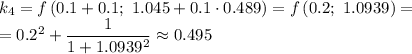 k_4=f\left(0.1+0.1 ;\ 1.045+0.1\cdot0.489\right)=f\left(0.2 ;\ 1.0939\right)=\\=0.2^2+\dfrac{1}{1+1.0939^2}\approx0.495