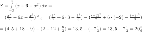 S = \int\limits^3_{-2} {(x + 6 - x^2)} \, dx = \\\\ = (\frac{x^2}{2} + 6x - \frac{x^3}{3} ) | ^3_{-2} = (\frac{3^2}{2} + 6 \cdot 3 - \frac{3^3}{3} ) - (\frac{(-2)^2}{2} + 6 \cdot (-2) - \frac{(-2)^3}{3} ) = \\\\ = (4,5 + 18 - 9) - (2 - 12 + \frac{8}{3} ) = 13,5 - (-7\frac{1}{3} ) = 13,5 + 7\frac{1}{3} = 20\frac{5}{6}