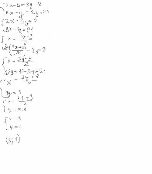 Решите систему уравнений {2x-5=3y-2 8x-y=2y+21​
