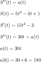 S''(t)=a(t)\\\\S(t)=5t^3-3t+1\\\\S'(t)=15t^2-3\\\\S''(t)=30t=a(t)\\\\a(t)=30t\\\\a(6)=30*6=180