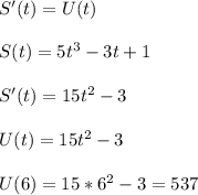 S'(t)=U(t)\\\\S(t)=5t^3-3t+1\\\\S'(t)=15t^2-3\\\\U(t)=15t^2-3\\\\U(6)=15*6^2-3=537