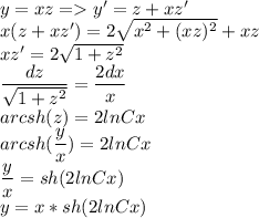 y=xz=y'=z+xz'\\ x(z+xz')=2\sqrt{x^2+(xz)^2}+xz\\xz'=2\sqrt{1+z^2}\\ \dfrac{dz}{\sqrt{1+z^2}}=\dfrac{2dx}{x}\\ arcsh(z)=2lnCx\\ arcsh(\dfrac{y}{x})=2lnCx\\ \dfrac{y}{x}=sh(2lnCx)\\ y=x*sh(2lnCx)