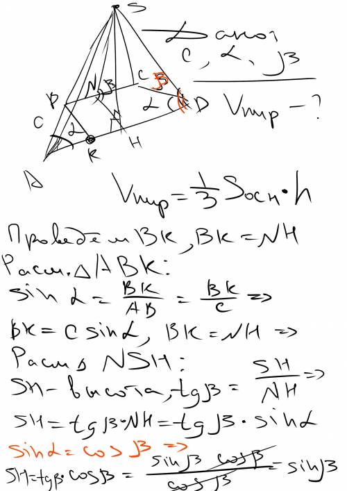 В основі піраміди лежить рівнобедрена трапеція з бічною стороною с і гострим кутом α. Бічна грань пі