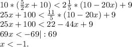 10*(\frac{5}{2} x+10)<2\frac{1}{5}*(10-20x)+9\\25x+100<\frac{11}{5}*(10-20x)+9\\ 25x+100<22-44x+9\\69x<-69|:69\\x<-1.