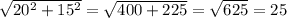 \sqrt{20^{2}+15^{2} } =\sqrt{400+225} =\sqrt{625} = 25