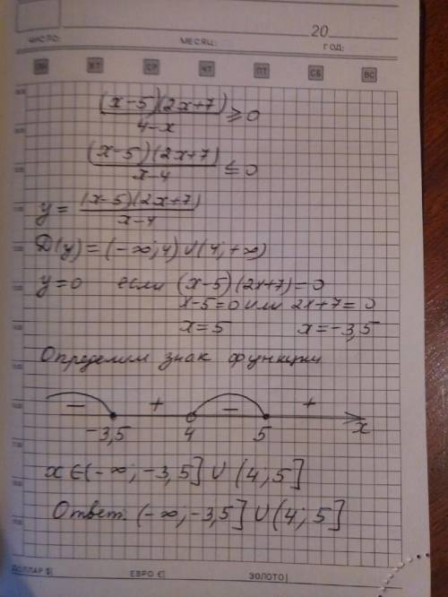 Решите неравенство (x-5)(2x+7):(4-x)>0