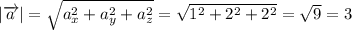|\overrightarrow{a}|=\sqrt{a_x^2+a_y^2+a_z^2}=\sqrt{1^2+2^2+2^2}=\sqrt{9}=3