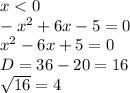 x<0\\-x^2+6x-5=0\\x^2-6x+5=0\\D=36-20=16\\\sqrt{16} =4