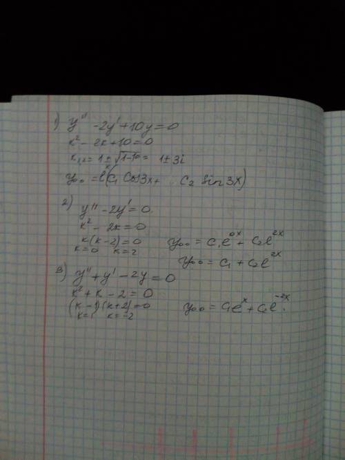 Найти общее решение дифференциальных уравнений: 1) y-2y+10y=0 2) y-2y=0 3)y+y-2y=0