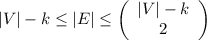 |V|-k\leq |E|\leq \left(\begin{array}{c}|V|-k\\2\end{array}\right)