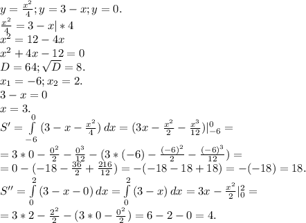 y=\frac{x^2}{4};y=3-x;y=0.\\\frac{x^2}{4}=3-x|*4\\ x^2=12-4x\\x^2+4x-12=0\\D=64;\sqrt{D}=8.\\ x_1=-6;x_2=2.\\3-x=0\\x=3.\\S'=\int\limits^0_{-6} {(3-x-\frac{x^2}{4}) } \, dx=(3x-\frac{x^2}{2}-\frac{x^3}{12})|_{-6}^0=\\=3*0-\frac{0^2}{2}-\frac{0^3}{12}-(3*(-6)-\frac{(-6)^2}{2} -\frac{(-6)^3}{12})=\\=0-(-18-\frac{36}{2}+\frac{216}{12} )= -(-18-18+18)=-(-18)=18.\\S''=\int\limits^2_0 {(3-x-0)} \, dx =\int\limits^2_0 {(3-x)} \, dx =3x-\frac{x^2}{2} |_0^2=\\=3*2-\frac{2^2}{2} -(3*0-\frac{0^2}{2})=6-2-0=4.\\