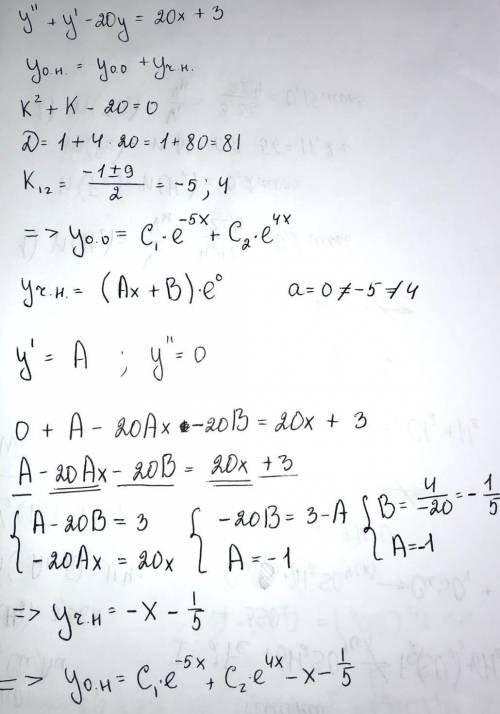Найти общее решение дифференциального уравнения:y''+ y'-20y=20x+3.