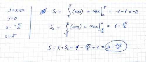 Вычислить площадь фигуры, ограниченной линиями y= sin x, y = 0, x = - π/2, x = π.​