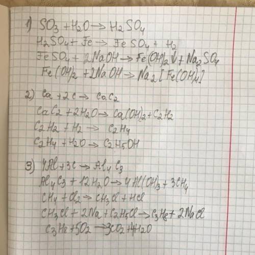 Осуществите превращения: 1) SO3 → H2SO4 → FeSO4→ Fe(OH)2→Na2[Fe (OH)4 2) Са → СаС2 → С2Н2 → С2Н4 → С
