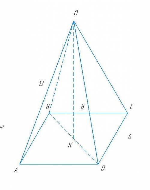 Основание пирамиды прямоугольник с основаниями 6 см, 8 см. Кажная оковая грань 13 см. Найдите высоту