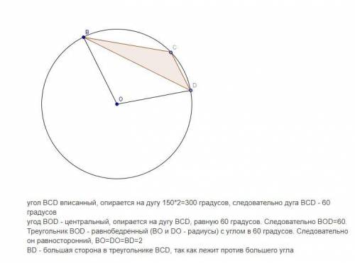 Радиус круга, нарисованного вне треугольника с одним углом 150 градус, равен 2. Найдите длину большо
