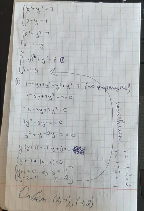 Решить методом подстановки {x³+y³=7 {x+y=1