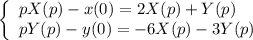 \[\left\{ \begin{array}{l} pX(p) - x(0) = 2X(p) + Y(p) \\ pY(p) - y(0) = - 6X(p) - 3Y(p) \\ \end{array} \right.\]