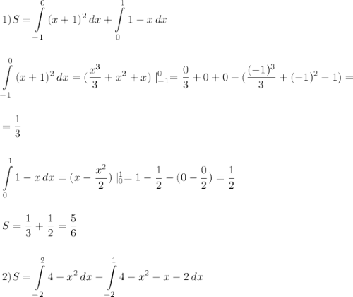 \displaystyle 1) S=\int\limits^0_{-1} {(x+1)^2} \, dx +\int\limits^1_0 {1-x} \, dx \\\\\\\int\limits^0_{-1} {(x+1)^2} \, dx=(\frac{x^3}{3}+x^2+x)\mid^0_{-1}=\frac{0}{3}+0+0-(\frac{(-1)^3}{3}+(-1)^2-1)=\\\\\\ =\frac{1}{3}\\\\\\\int\limits^1_0 {1-x} \, dx=(x-\frac{x^2}{2})\mid^1_0=1-\frac{1}{2}-(0-\frac{0}{2})=\frac{1}{2}\\\\\\S=\frac{1}{3}+\frac{1}{2}=\frac{5}{6} \\\\\\2) S=\int\limits^2_{-2} {4-x^2} \, dx-\int\limits^1_{-2} {4-x^2-x-2} \, dx