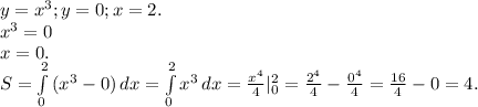 y=x^3;y=0;x=2.\\x^3=0\\x=0.\\S=\int\limits^2_0 {(x^3-0)} \, dx =\int\limits^2_0 {x^3} \, dx=\frac{x^4}{4}|_0^2=\frac{2^4}{4} -\frac{0^4}{4}=\frac{16}{4} -0=4.