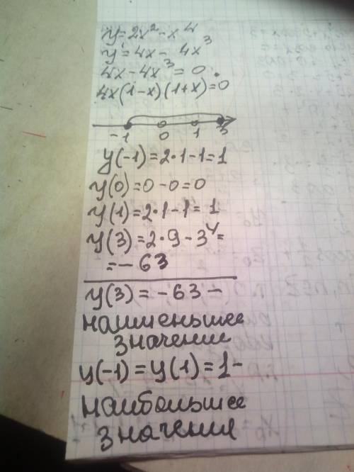 Найдите наибольшее и наименьшее значение функции y=2x^2-x^4,на отрезке