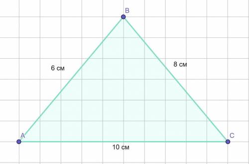 Найдите площадь треугольника, стороны которого равны 6 см, 8 см и 10 см. 8 класс, с чертежом и дано.