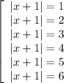 \left[\begin{array}{ccc}|x+1| = 1\\|x+1| = 2\\|x+1| = 3\\|x+1| = 4\\|x+1| = 5\\|x+1| = 6\end{array}