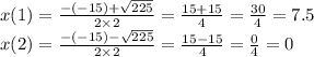 x(1) = \frac{ - ( - 15) + \sqrt{225} }{2 \times 2} = \frac{15 + 15}{4} = \frac{30}{4} = 7.5 \\ x(2) = \frac{ - ( - 15) - \sqrt{225} }{2 \times 2} = \frac{15 - 15}{4} = \frac{0}{4} = 0