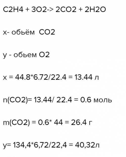 Вычислите массу и объем оксида углерода (4), который образуется при сгорании 6,72л (н.у.) этилена. К