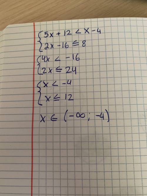 Решите систему неравенств: 5х + 12 < х – 4 2х – 16 ≤ 8.