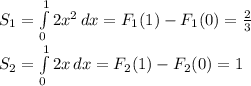 S_{1} = \int\limits^1_0 {2x^2} \, dx = F_{1}(1) - F_{1}(0) = \frac{2}{3} \\S_{2} = \int\limits^1_0 {2x} \, dx = F_{2}(1) - F_{2}(0) = 1