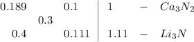 \left.\begin{array}{rcl}0.189 & & 0.1\\& 0.3 &\\0.4 & & 0.111\end{array}\right|\begin{array}{lcl}1 & - & Ca_3N_2\\\\1.11 & - & Li_3N\end{array}
