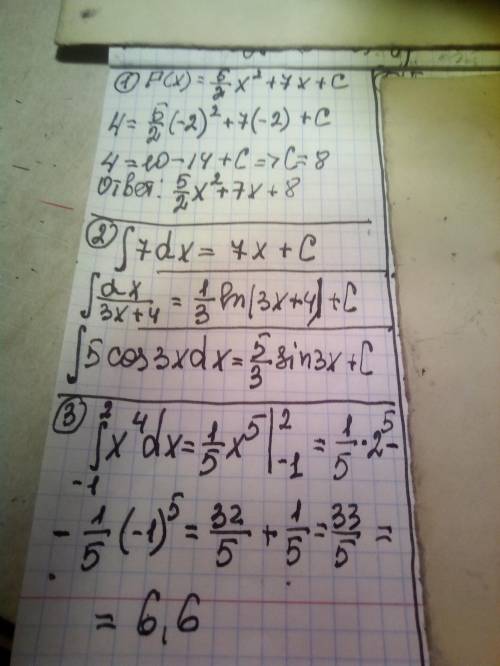 1. Найдите первообразную функции ()=5∙+7, график которой проходит через точку (−2;4). 2. Найдите инт